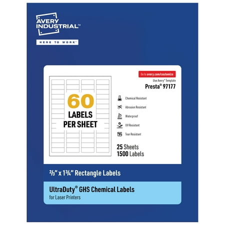 UPC: 0194793901030 | Avery UltraDuty GHS Labels  Waterproof  2/3  x 1-3/4  Inch Rectangle Printable Labels  Pack of 1500 White Labels for Use with Laser Printers