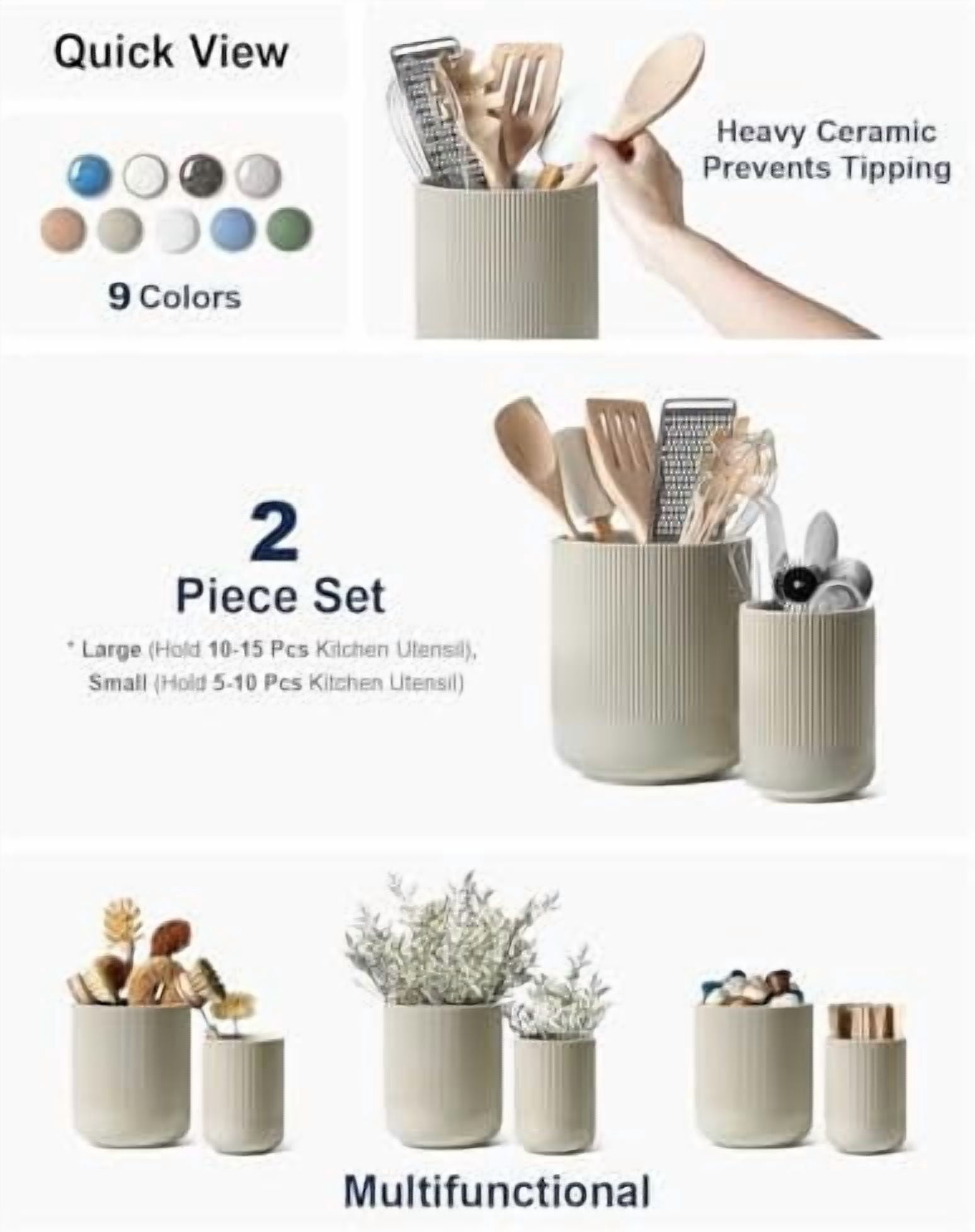 Utensil Holder for Kitchen Counter, 7.3"+5.4" Fluted Ceramic Utensil Crock Organizer for Countertop, Heavy Large Holder for Spatulas, Spoons, Set of 2, Oatmeal Greige