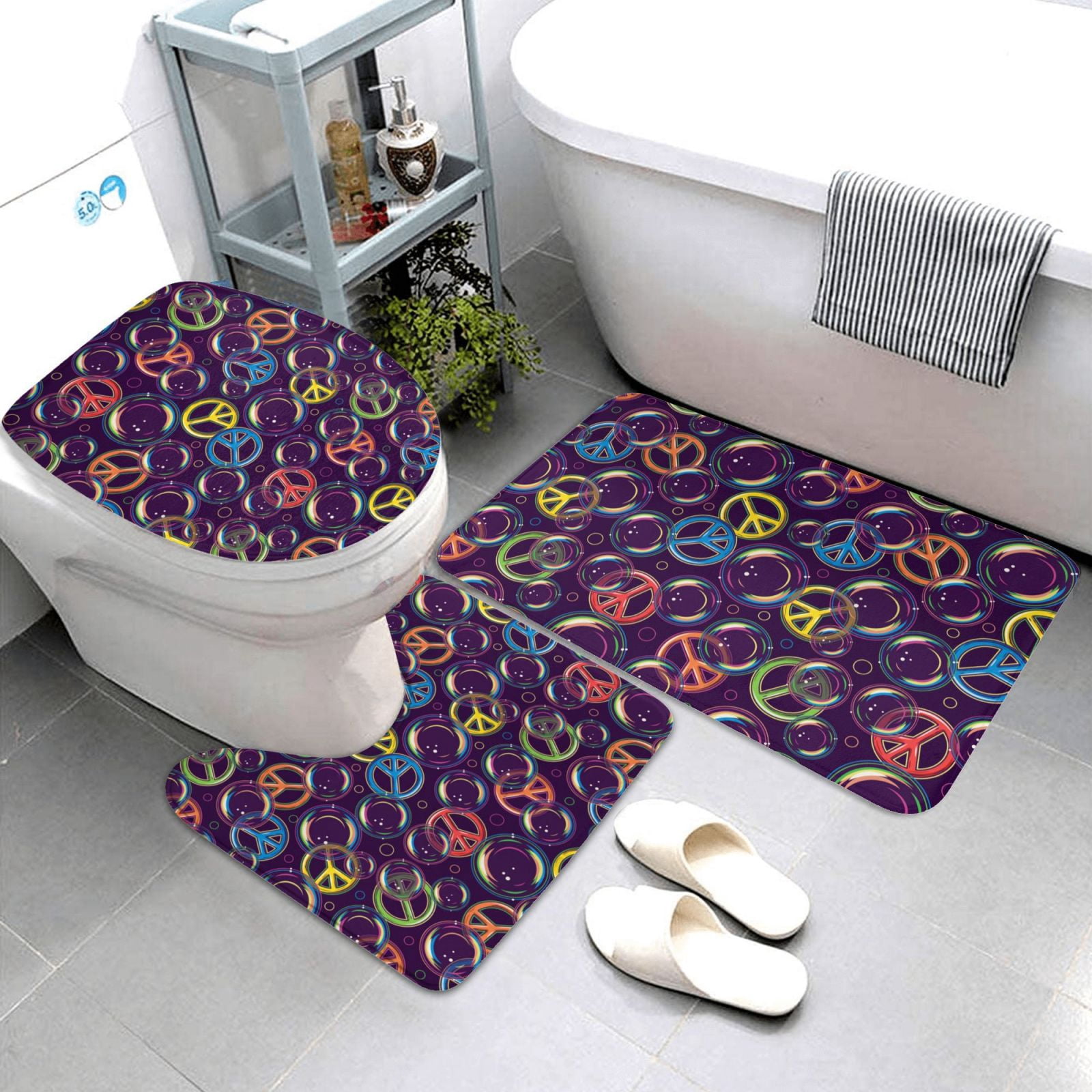 Bathroom Rugs Sets 3 Piece - peace sign bubbles dark purple Absorbent Non Slip Bath Mats, U-Shape Toilet Lid Cover, Contour Mat, Soft Washable Shower Mats Bath Rug Mat for Bathroom Tub Toilet