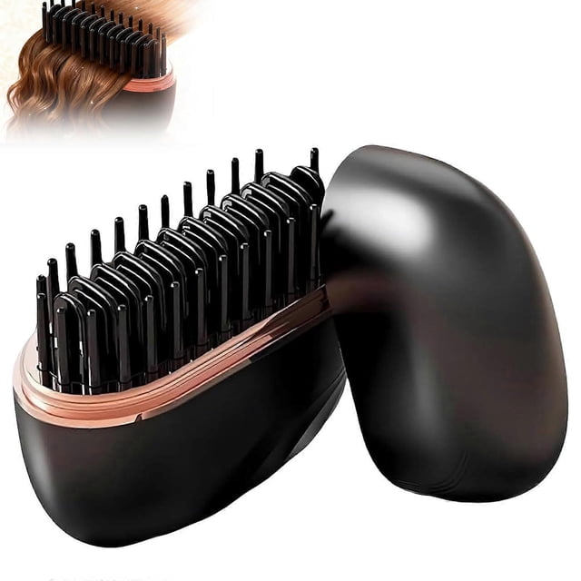 Cepillo alisador de cabello, mini peine térmico inalámbrico recargable con control de 3 velocidades, negro.