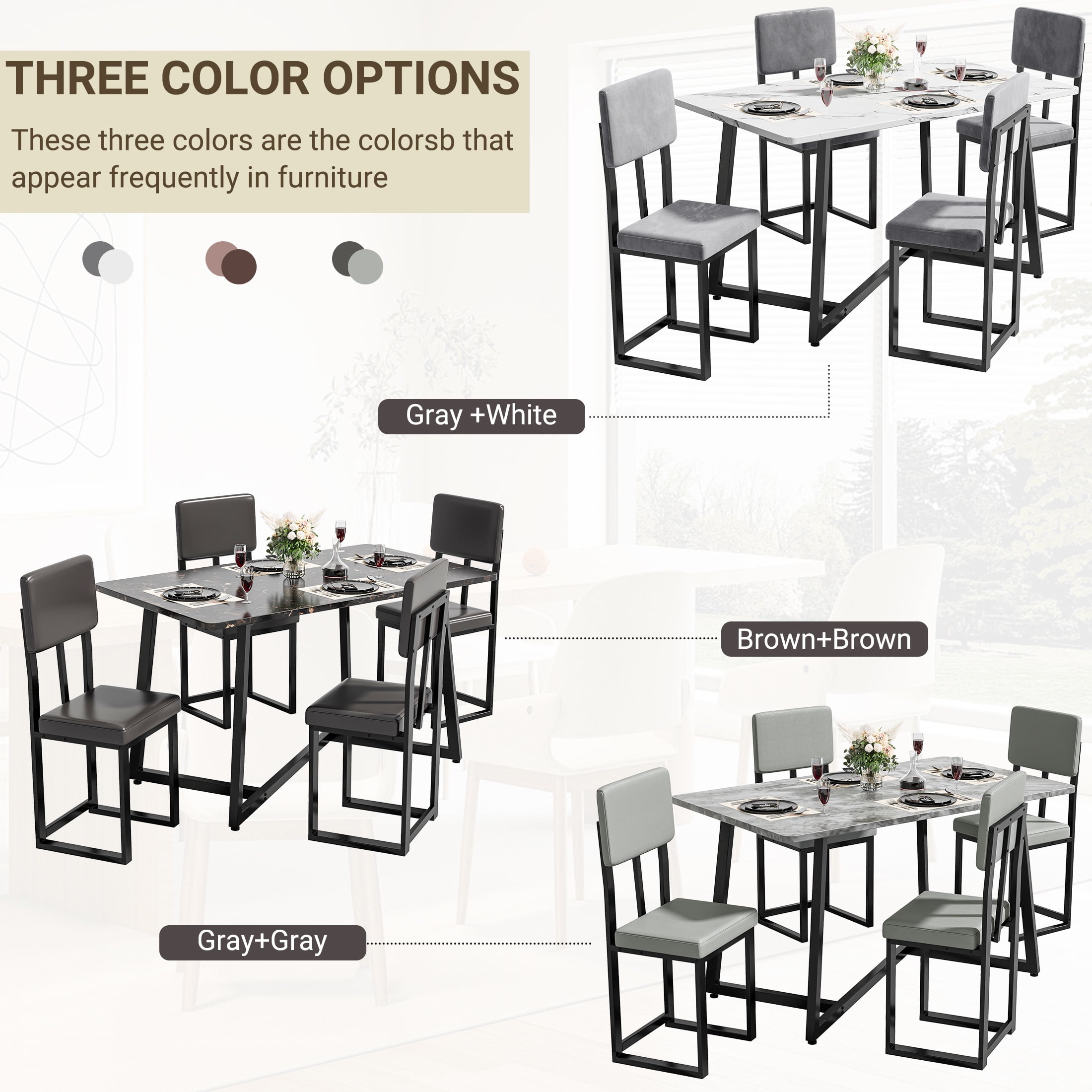 PAPROOS Dining Table Set for 4, 5 Piece Dining Room Table Set with Faux Marble Top and Fabric Upholstery Chairs, Modern Dinette Sets for Breakfast Nook, Kitchen Table and Chairs Set, White&Gray