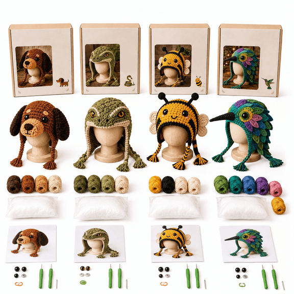 Fantasy Hood Hat DIY Crochet Kit for Beginners, Animal Crochet Hat Craft Set with Step-by-Step Guide, Complete Handmade Crochet Project for Adults and Craft Lovers