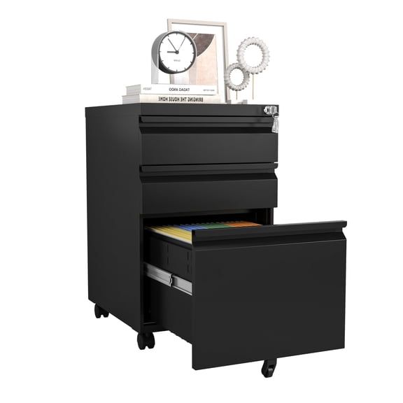 IKIMI 3 Drawer Mobile File Cabinet, Under Desk File Cabinet,Metal Filing Cabinets with Lock for Home Office Organizer Letter/Legal/A4,Fully Assembled with Wheel(Black)