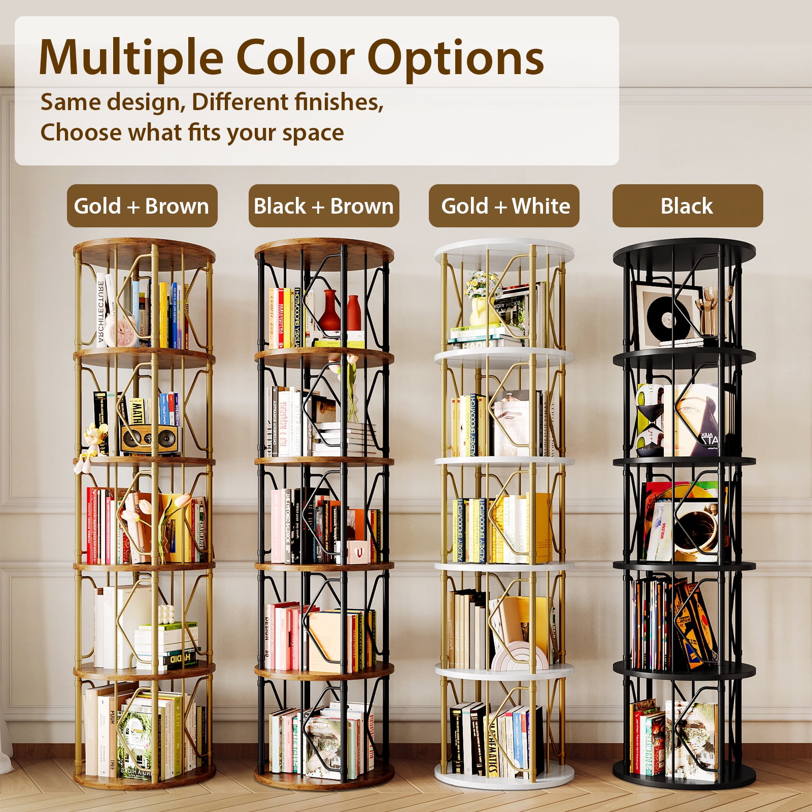 LLappuil 5 Tier Rotating Bookshelf, 360° Display Swivel Bookcase, Corner Bookshelf for for Bedroom, Living Room Black