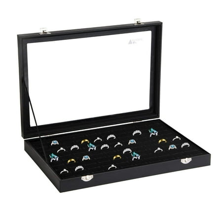 Multifunctional Velvet Jewelry Showcase Display Case Storage Necklace Bracelet Ring Earring Organizer Box for Women Stackable with Glass Top Lid and Lock(Black Multi Jewelry Box)