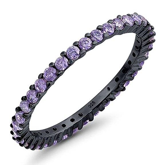 Round 2 mm Purple Amethyst Full Eternity Band Ring Stackable Ring 925 Silver Black Rhodium Gemstone Jewelry For Women Gift