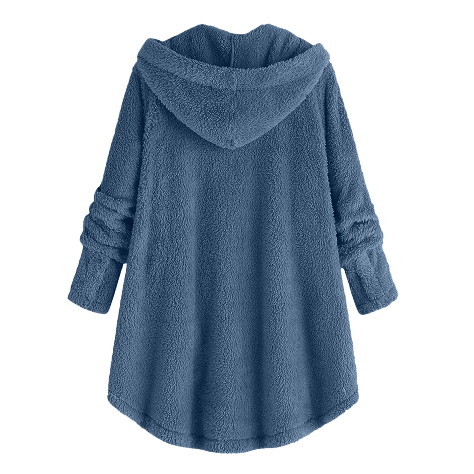 FNFYFH Womens Winter Fleece Coats Fluffy Button Long Sleeve Hoodies Jackets 2025 Warm Teddy Bear Outerwear Plus Size Hooded Coats for Women Blue S-5XL