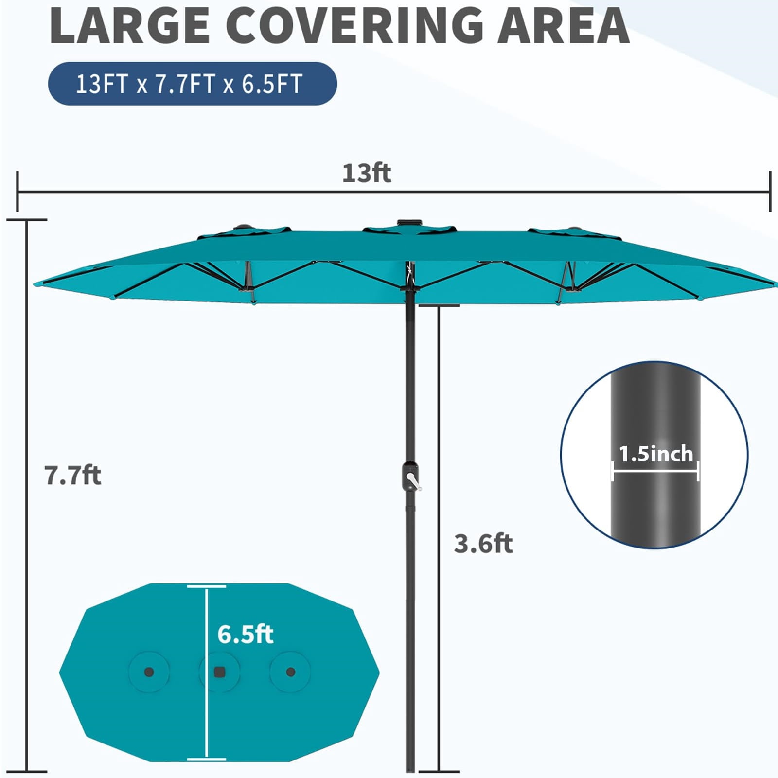 WildBreak Triple Size Large Patio Umbrella, with Crank Handle, Double-Sided, 13' x 6.5', Green