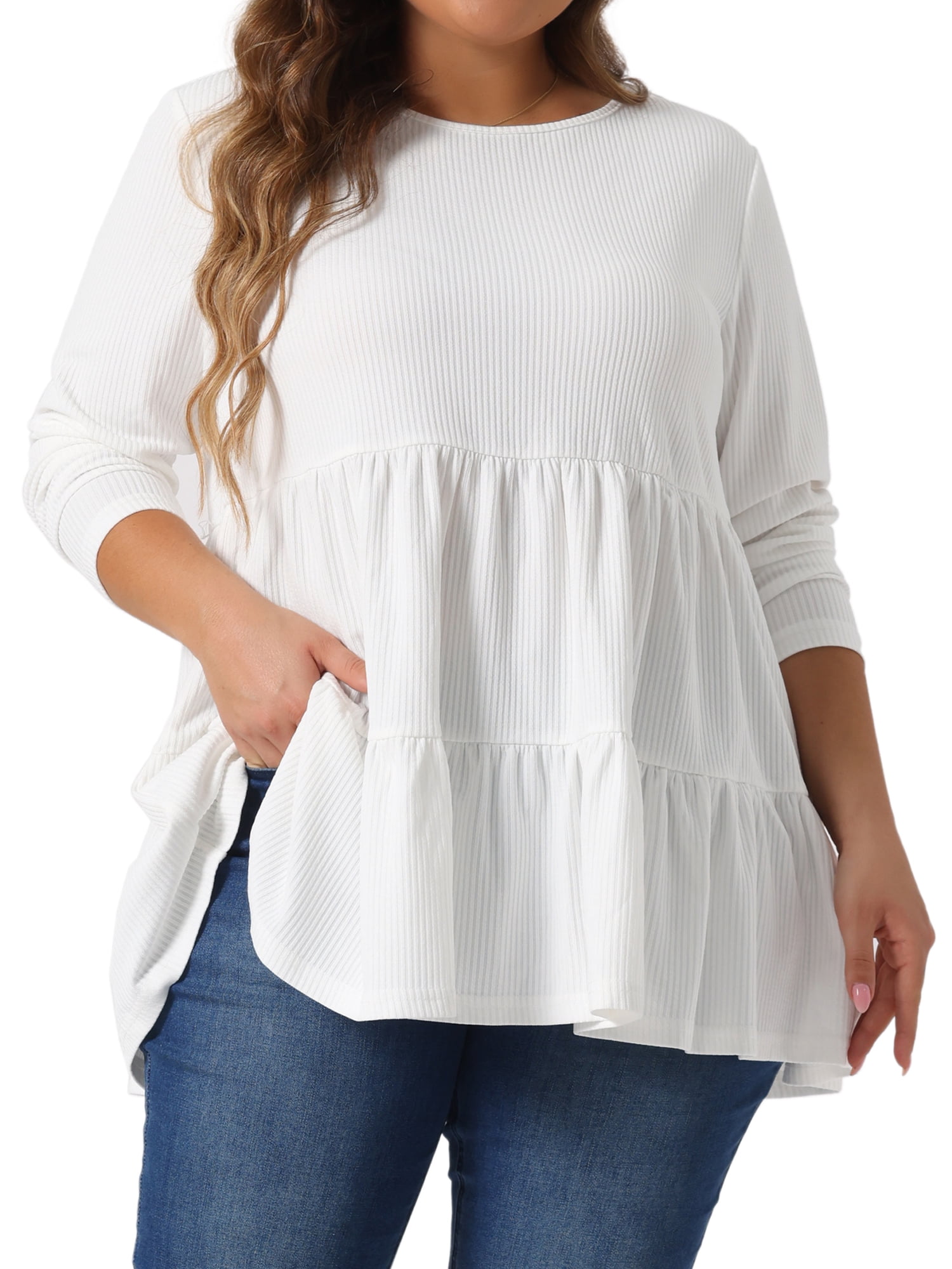 DARING DIVA Women's Plus Babydoll Crew Neck Casual Loose Peplum Tops 4X White
