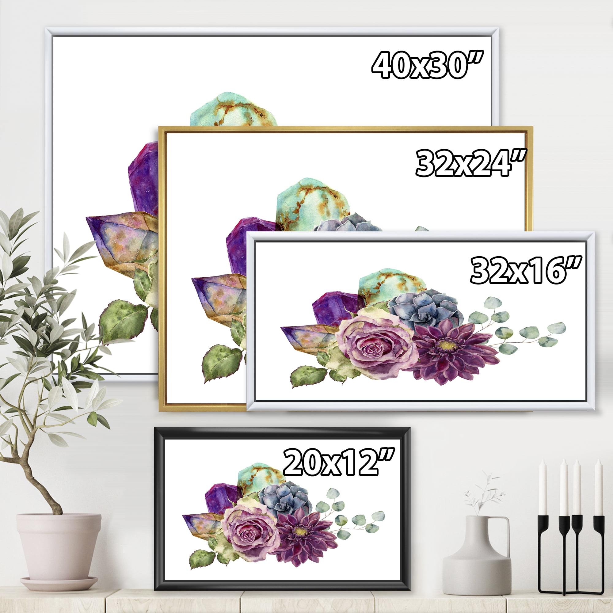 Designart 'Bouquet of Succulents Eucalyptus With Flowers' Traditional Framed Canvas Wall Art Print
