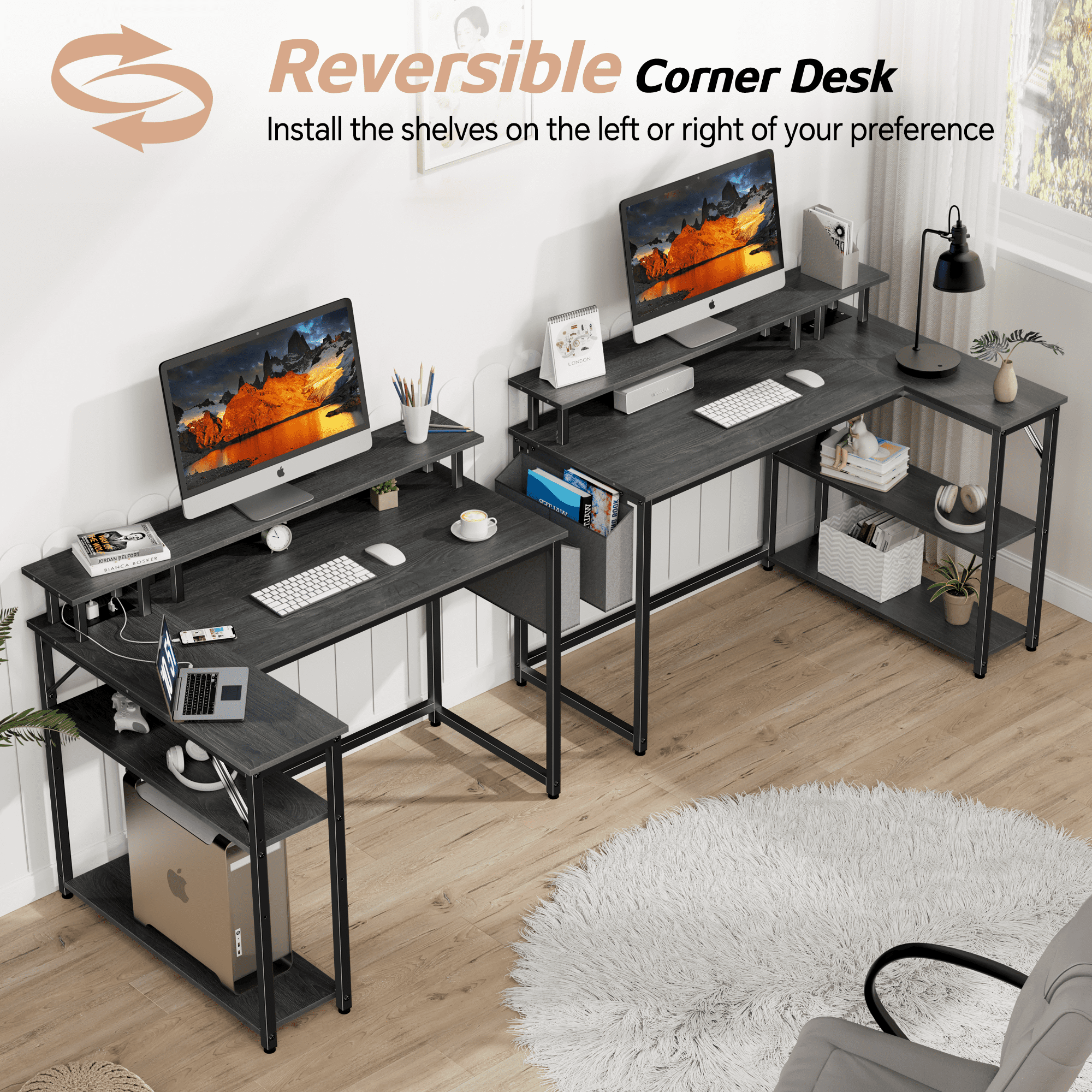 Mr IRONSTONE L-Shaped Desk with Power Outlets, LED Lights, and Monitor Stand, 47-inch Corner Desk for Home Office, Dark Gray