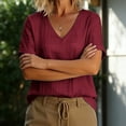 thumbnail image 4 of ClodeEU Women's Linen Blend V Neck Short Sleeve T-Shirt,Solid Color Casual Top Wine,Womens Plus XL, 4 of 7