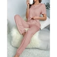 thumbnail image 3 of Defitshape Women's Summer Shorts Sleeve Pajama Pants Cinch Bottom Pant 2 Piece Lounge Cool Loungewear Crew Neck Home Elasthane Drawstring Nightwear Pink 0-2, 3 of 5