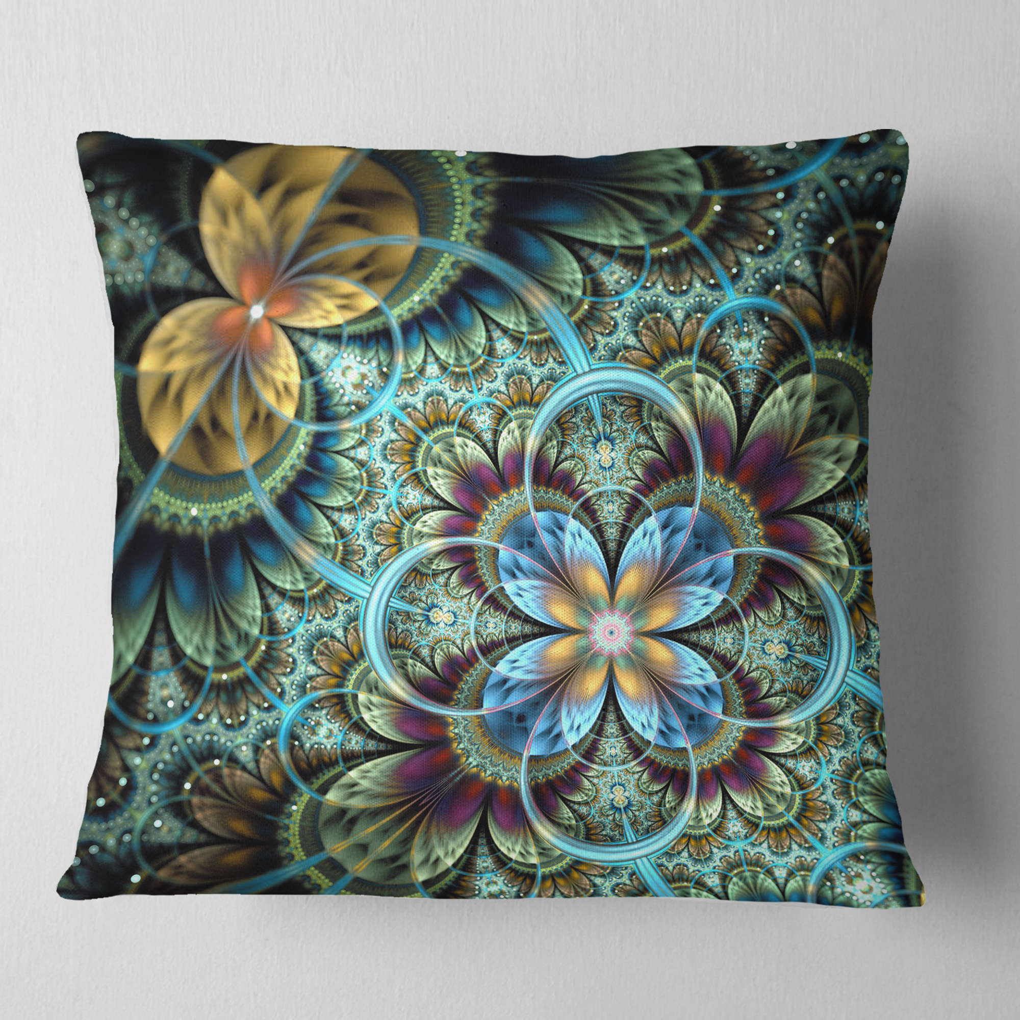 Designart Fractal Dark Orange Blue Flowers - Floral Throw Pillow - 18x18