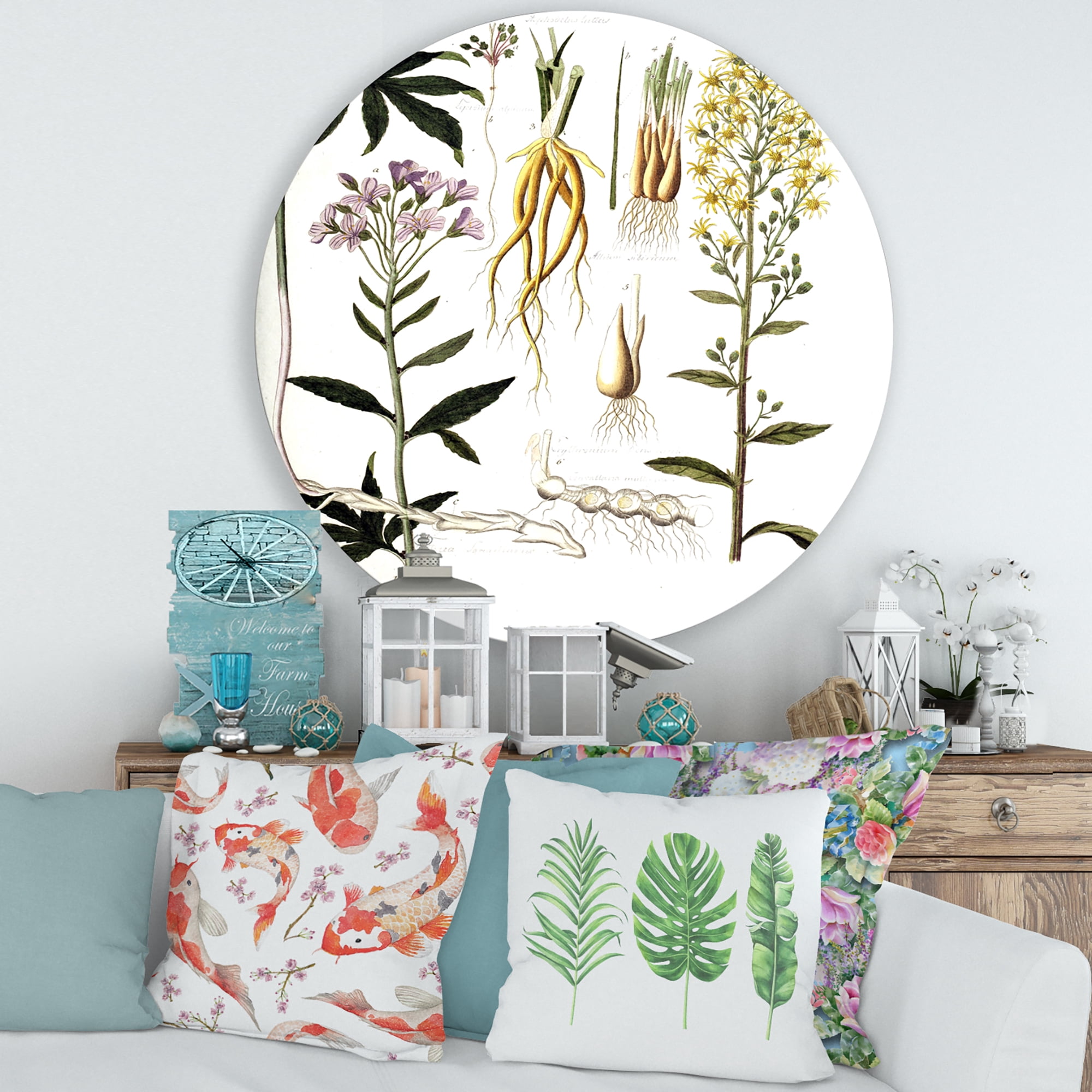 Designart 'Ancient Plant Life VIII' Farmhouse Circle Metal Wall Art 29x29 - Disc of 29