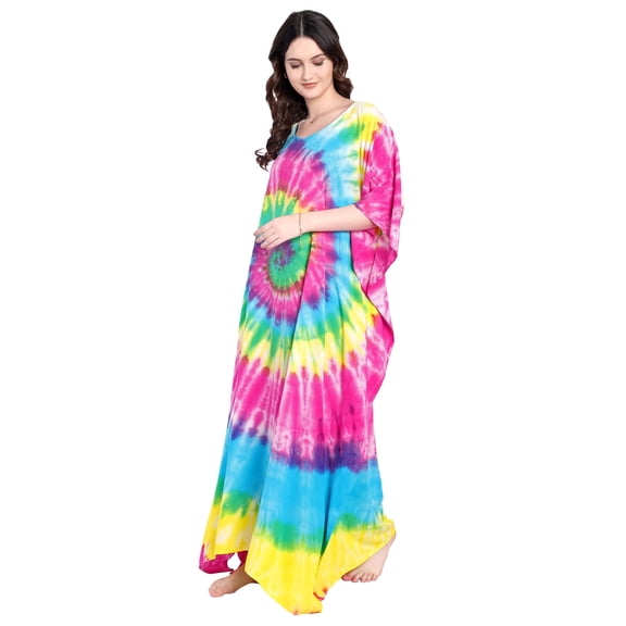 Vivanta Rainbow Tie-Dye Kaftan Maxi Dress, V-Neck Viscose Beach Cover Up, One Size Plus Size Batwing Sleeve, Boho Resort Lounge Wear, 54 Inch Length