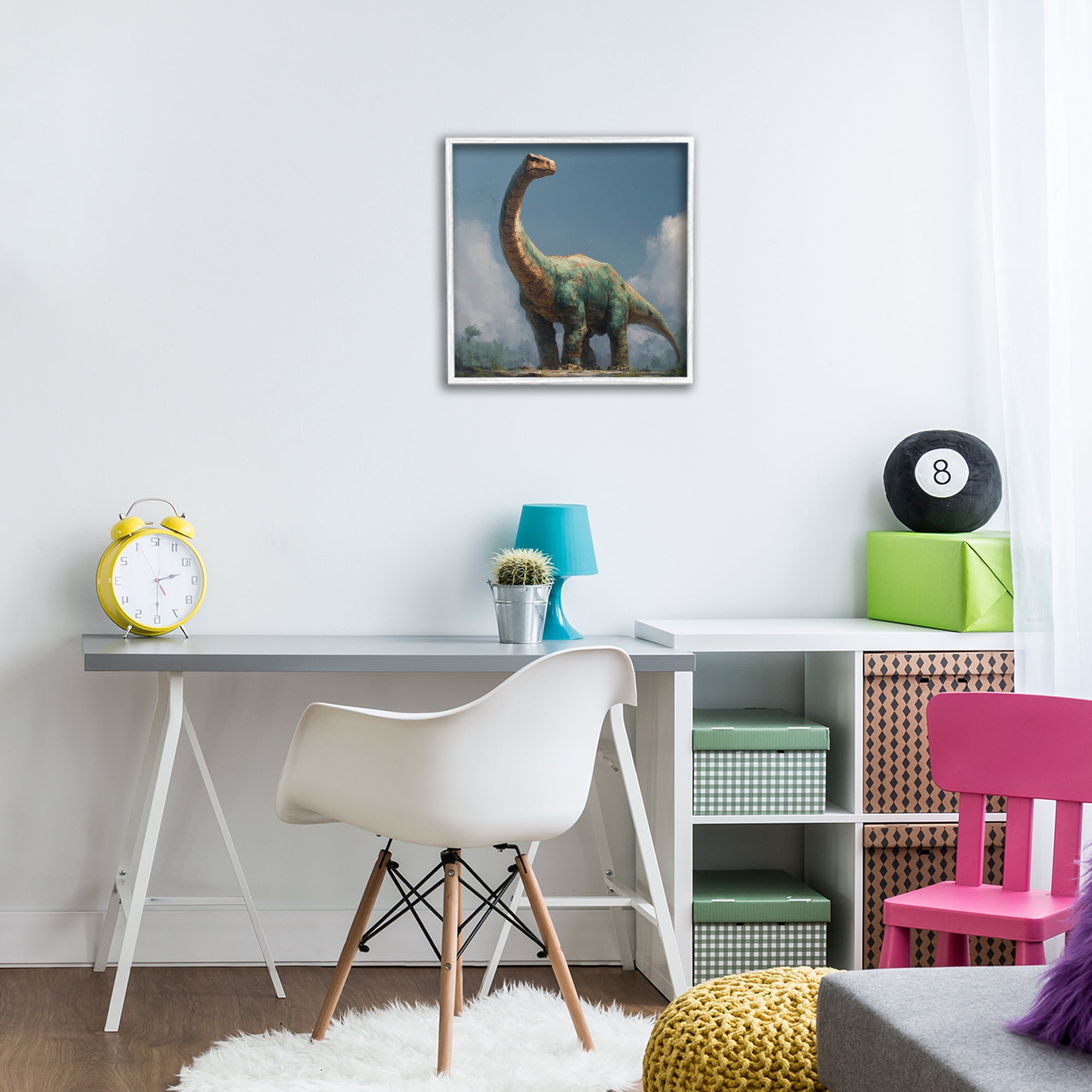 Stupell Industries Colossal Brontosaurus in Meadow White Framed Giclee Art, design by Wumples