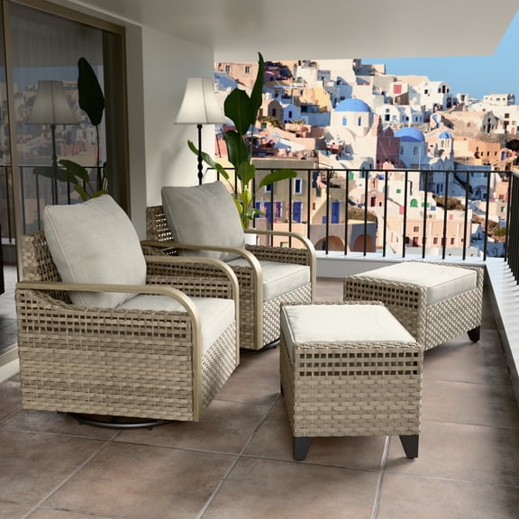 COOS BAY 4 Pieces Brown Wicker Outdoor Rattan Patio Bistro Furniture Set 360° Swivel Rocking Chairs and Ottomans with Gray Cushions