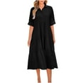 thumbnail image 1 of Pisexur Robes d'Été pour Femmes Mode Bohème Couleur Unie Robe Maxi Décontractée Fluide Taille Élastique Robe Soleil Manches Courtes Col en V Bouton Robe Soleil à Volants Évasée Plage Longue avec Poches, 1 of 8
