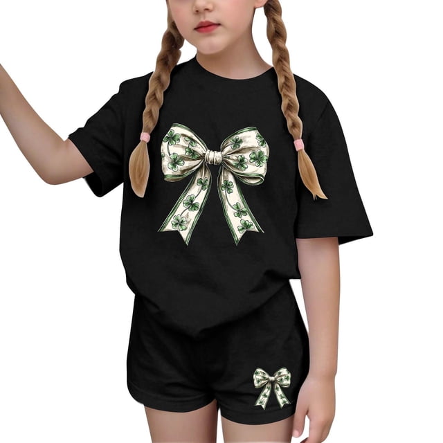 Vestido de manga corta para niños Día de San Patricio impreso de dos piezas Conjunto de cuello redondo con pantalones cortos, blusa de manga corta