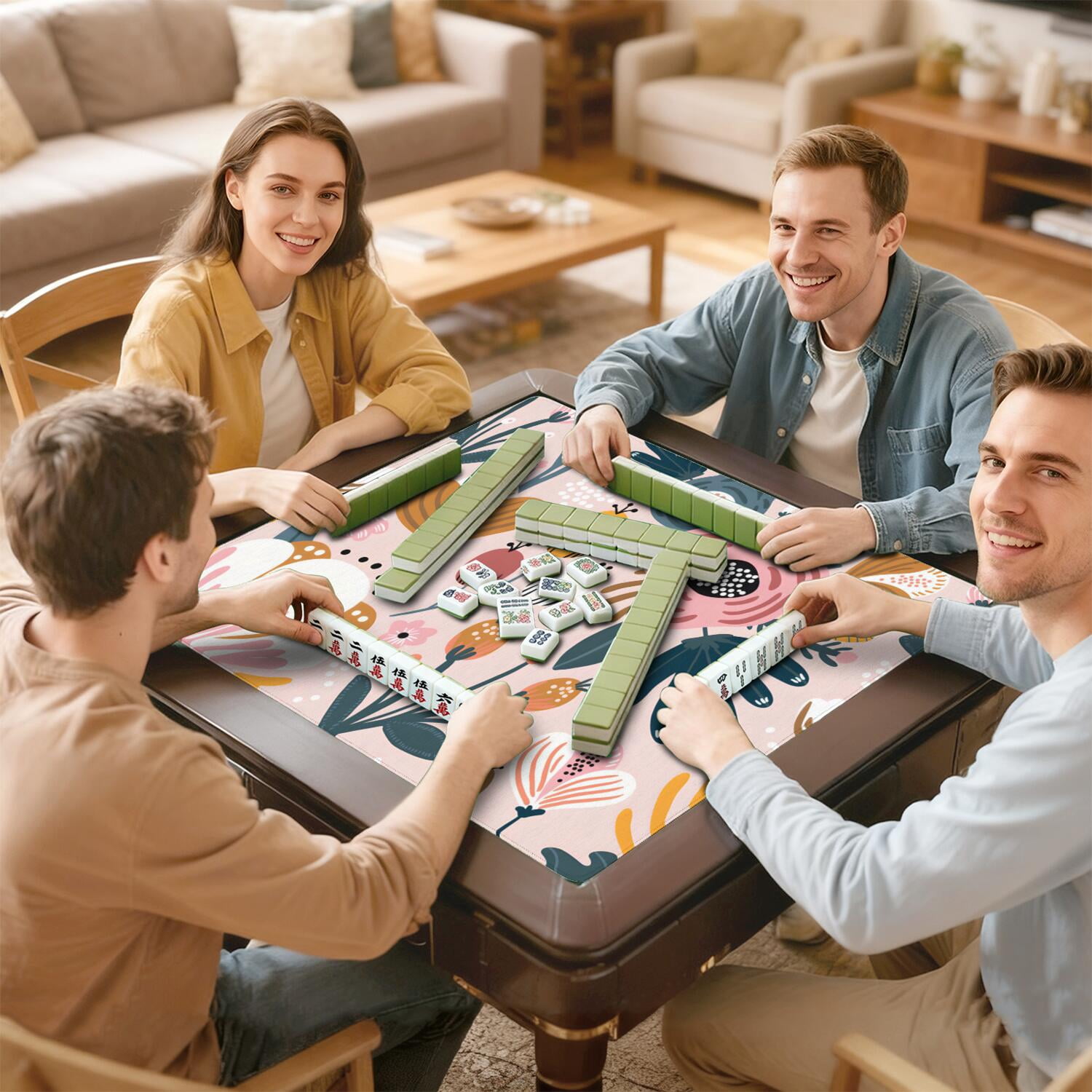 Premium Floral Anti-Slip Game Room Mat 31.5x31.5 Inch Large Rubber Mahjong Pad Reduces Tile Noise for Chinese Games Cards and Family Entertainment