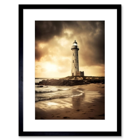 Atmospheric Lighthouse Photo Beach Sepia Photograph Atmospheric Sunset Seascape Artwork Framed Wall Art Print 9X7 Inch
