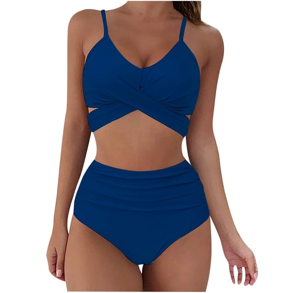 Oalirro Tankini Swimsuits for Women Gift for Her Swimsuits for Women 2 Piece Hawaiian Tropical Print Swim Cami Bra and Ruffles Bathing Sets Beachwear Navy