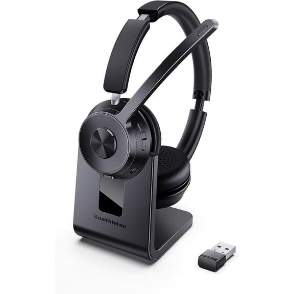 Bluetooth Headset V5.1, Wireless Headset with Noise Canceling Microphone, 40 Hrs Work Time Office Headset with Bluetooth Dongle & Charging Base, AptX HD On-Ear Headphones with Mute Button (Black)