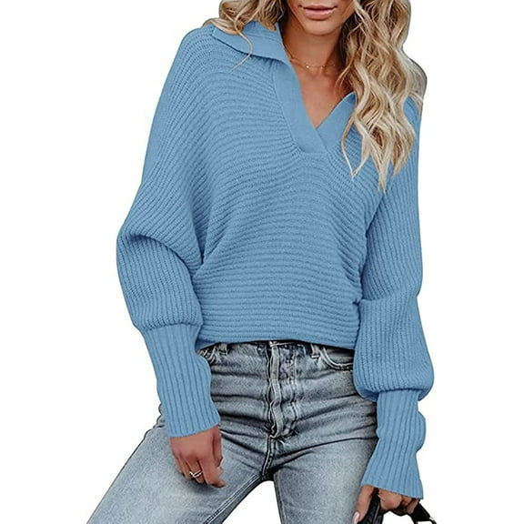 CoCopeaunts Women Knitted Sweater Tops Lapel Collar Long Sleeve Pullover Ribbed Knit Solid Color Sweaters Top