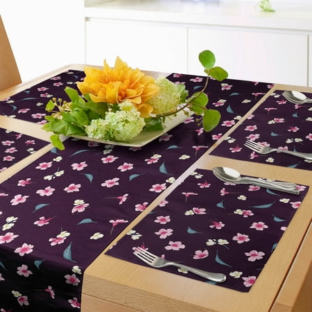 

Cherry Blossom Table Runner & Placemats Spring Night Sakura Yozakura Pattern on Nocturnal Background Set for Dining Table Decor Placemat 4 pcs + Runner 14 x72 Dark Purple Teal by Ambesonne