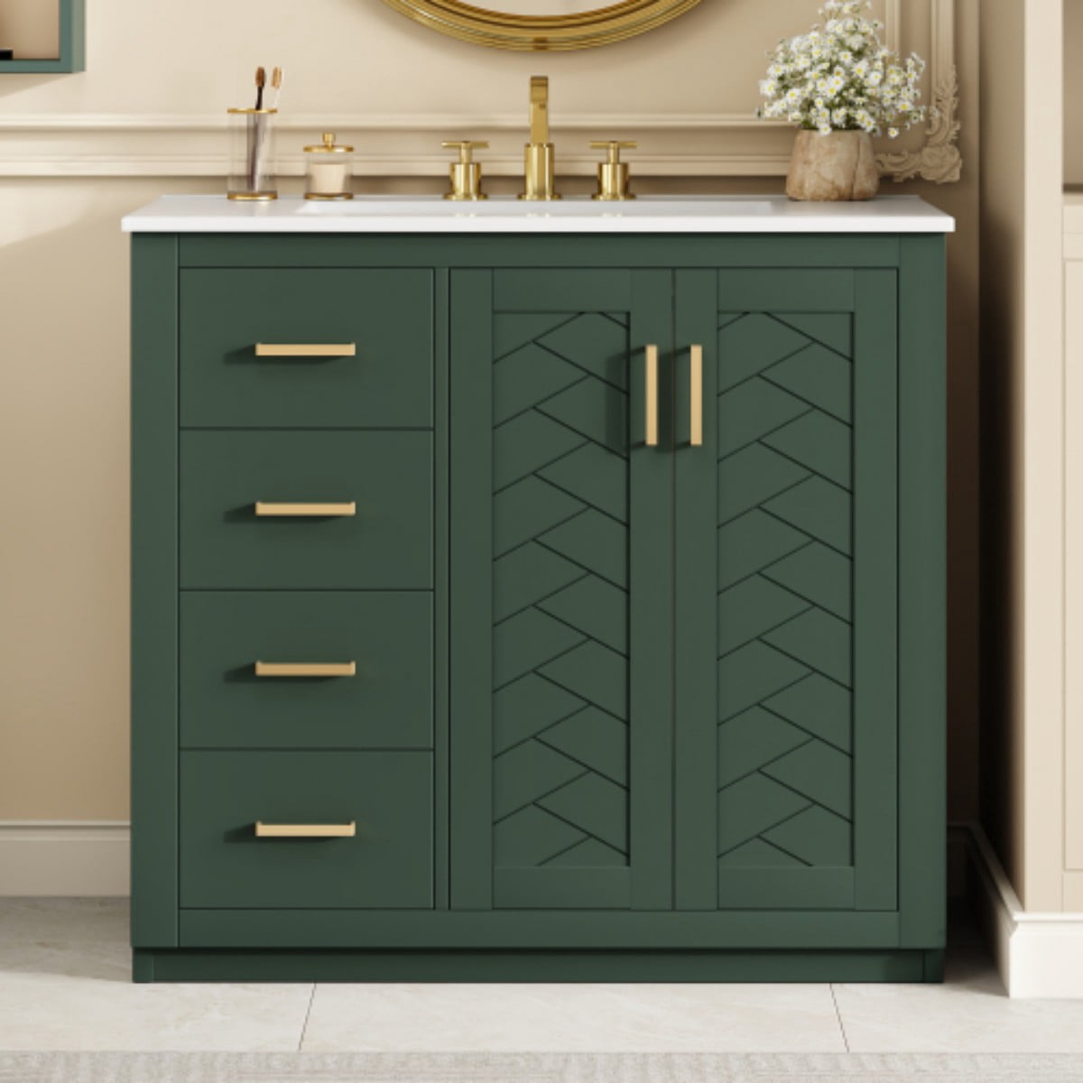 36" Bathroom Vanity with Sink, Freestanding Bathroom Vanity Cabinet with Ceramic Sink, Solid Wood Frame, 3 Drawers & Soft Close Doors, Modern Storage Cabinet, Green