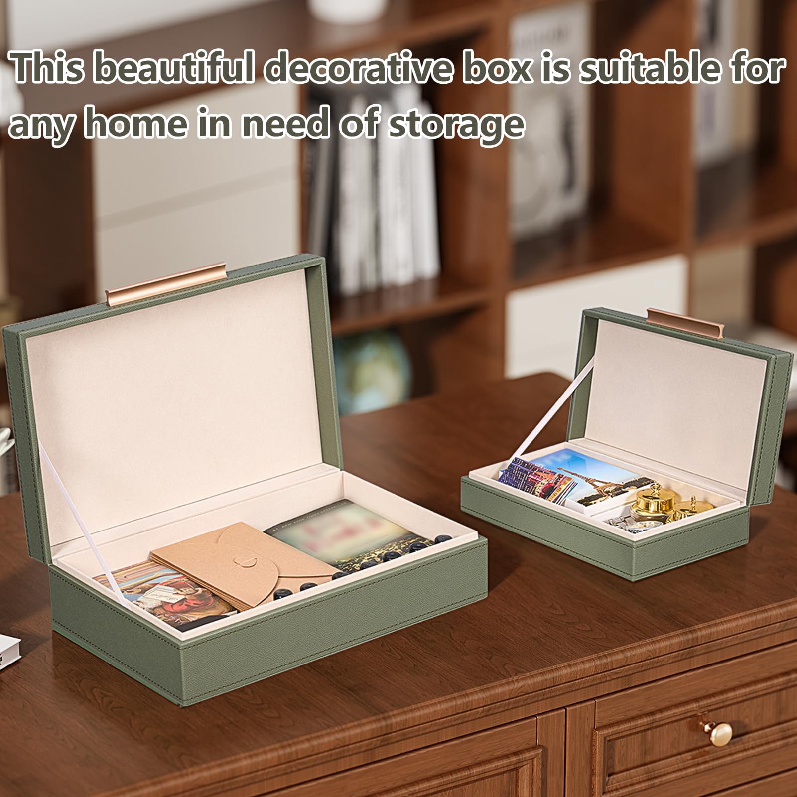 Decorative Boxes With Lids 2-set  Memory Box For Keepsakes Saving Space Beautiful Pu Leather Storage In Style Decor Metal Handles Store Photos Documents Green