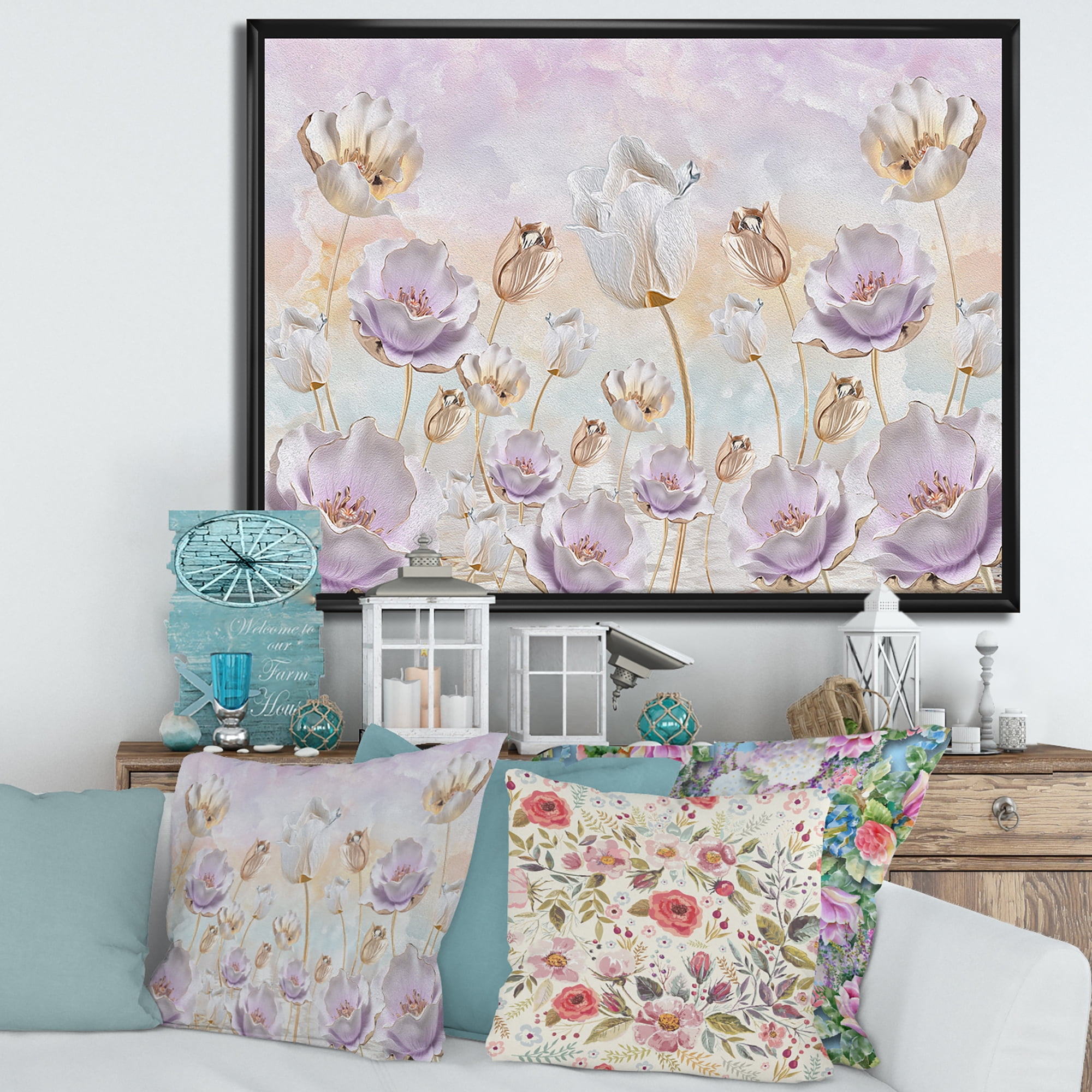 Designart 'Blossoming Pastel Tones Flowers' Traditional Framed Canvas Wall Art Print