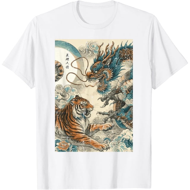 Camiseta japonesa de dragón de lucha de tigre para mujeres y hombres y niños, Blanco, XX-Large