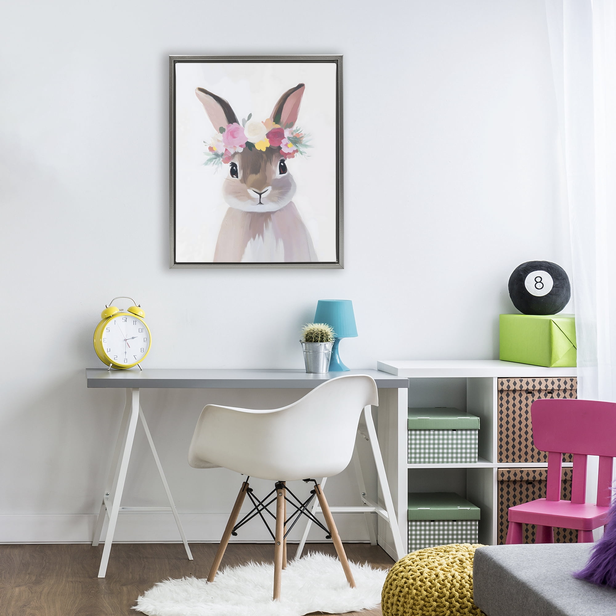 Stupell Industries Flower Crown Rabbit Gray Framed Floater Canvas Wall Art, design by The Prints Vibe