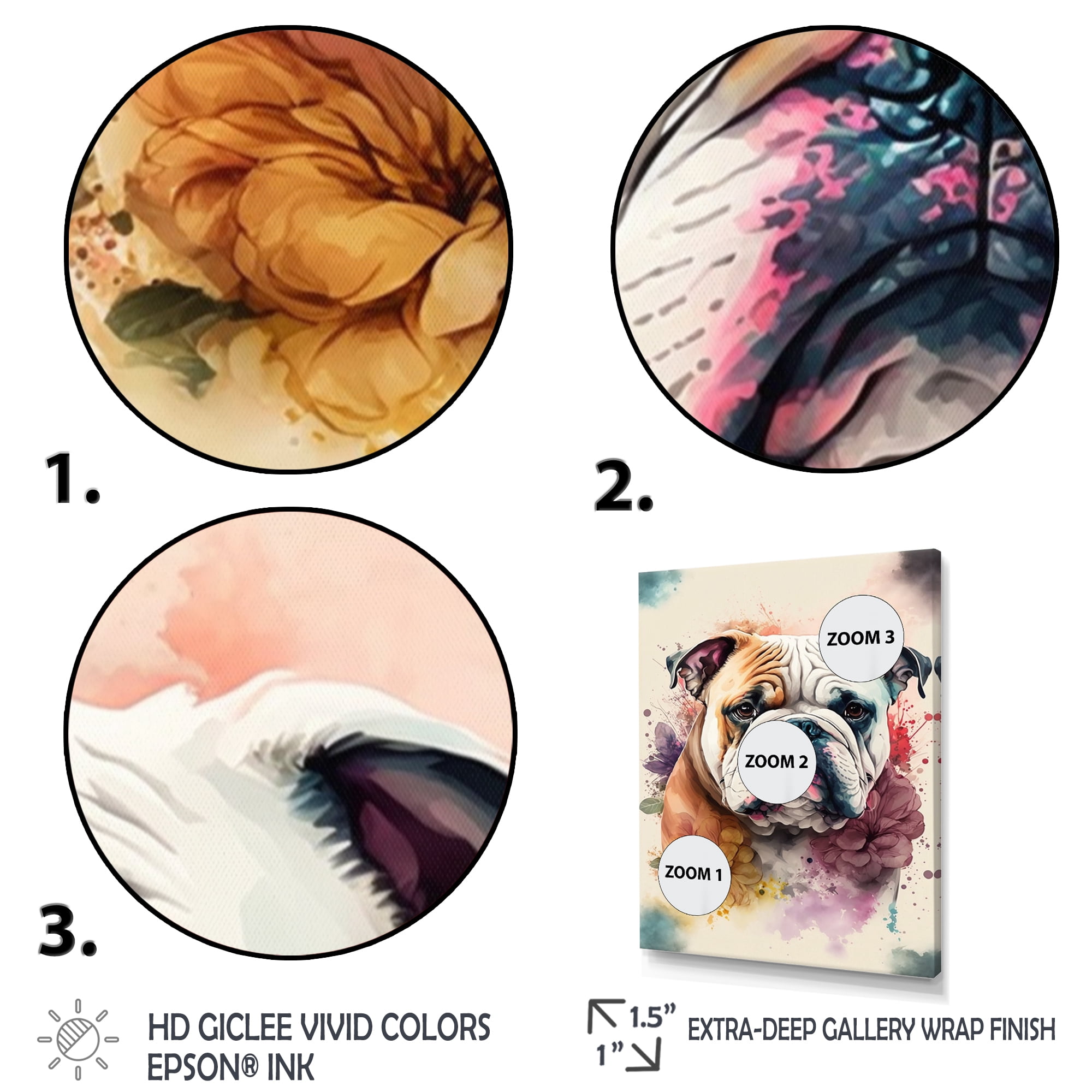 Designart Cute Bulldogs Floral Art Canvas Wall Art