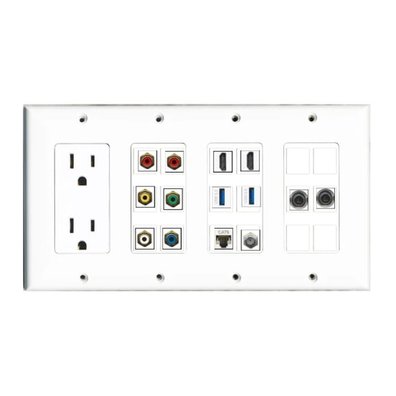 Ultra Spec Cables Custom Wall Plate 15 Amp Power Outlet White with up to 18 Keystone Ports