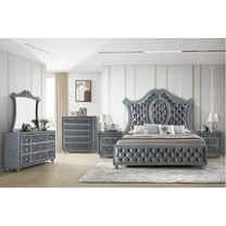5pc Traditional Upholstered Queen Size Panel Bed Set Arched Headboard Master Bedroom Furniture