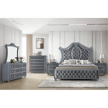 5pc Traditional Upholstered Queen Size Panel Bed Set Arched Headboard Master Bedroom Furniture