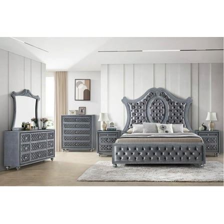 6pc Traditional Upholstered Queen Size Panel Bed Set Arched Headboard Master Bedroom Furniture
