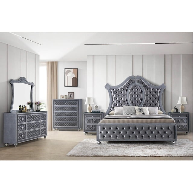 5pc Traditional Upholstered King Size Panel Bed Set Arched Headboard ...