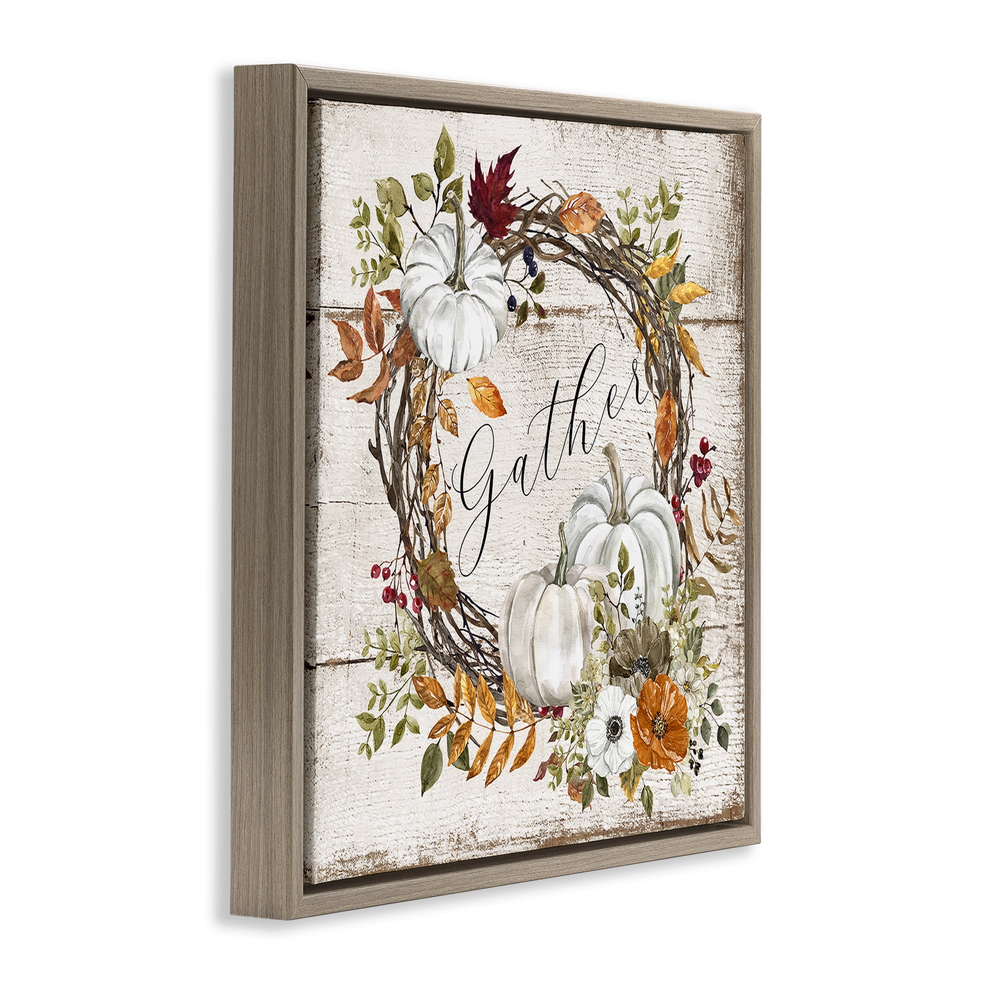 Stupell Industries Gather Autumnal Wreath Holiday Painting Brown Floater Framed Canvas Art Prints Wall Art, 18 x 18