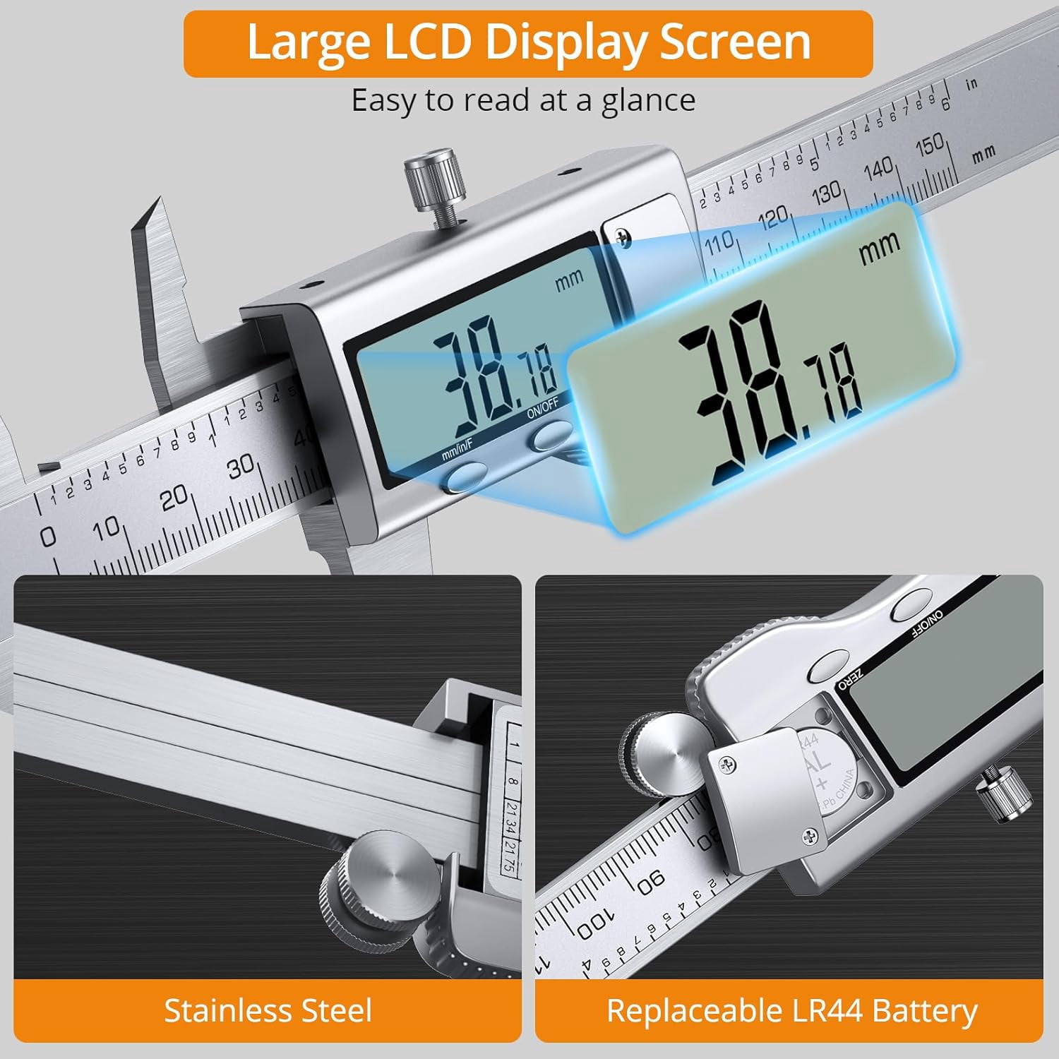 Neoteck 6" Digital Caliper, Stainless Steel, LCD Display, Fraction/Inch/MM Conversion, for Inside/Outside Diameter, Depth, Step Measurement