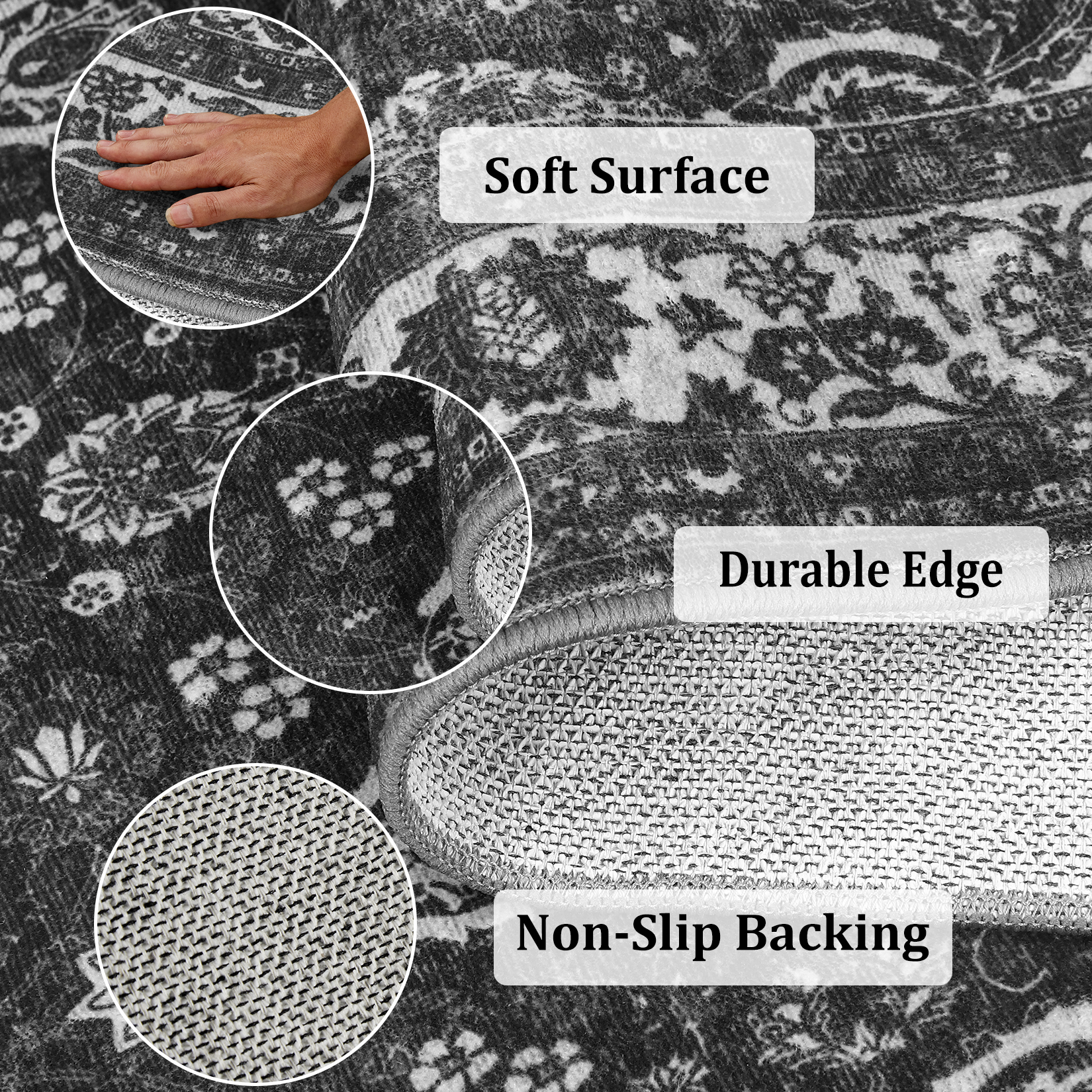 2x6 Runner Rug Vintage Floral Machine Washable Rugs, Non-Slip Vintage Boho Ultra-Thin Throw Carpet for Hallway Entryway Black