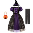 thumbnail image 1 of Vestido de bruja púrpura de manga larga para Halloween para niñas, disfraz de princesa bronceadora con estampado de telaraña, vampiro, fiesta de disfraces para niños Fivean unisex, 1 of 2
