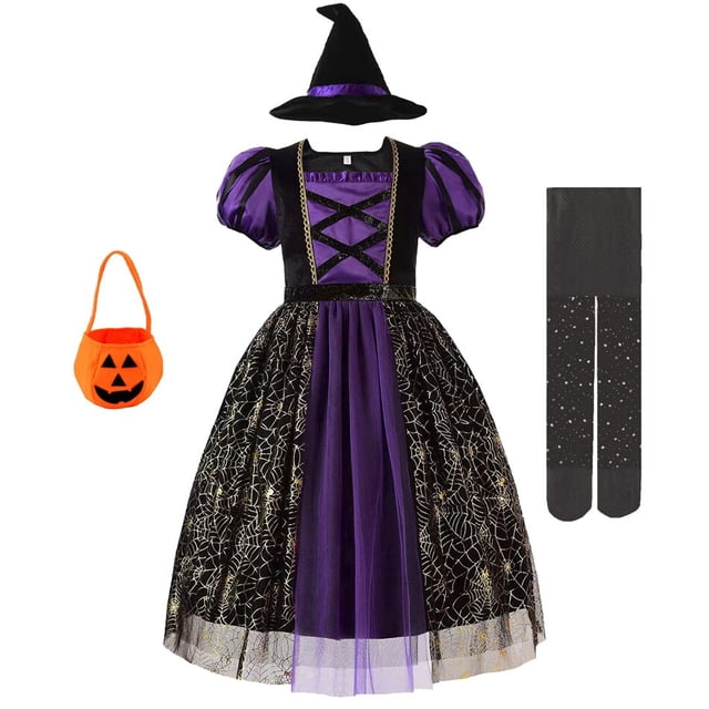 Vestido de bruja púrpura de manga larga para Halloween para niñas, disfraz de princesa bronceadora con estampado de telaraña, vampiro, fiesta de disfraces para niños Fivean unisex