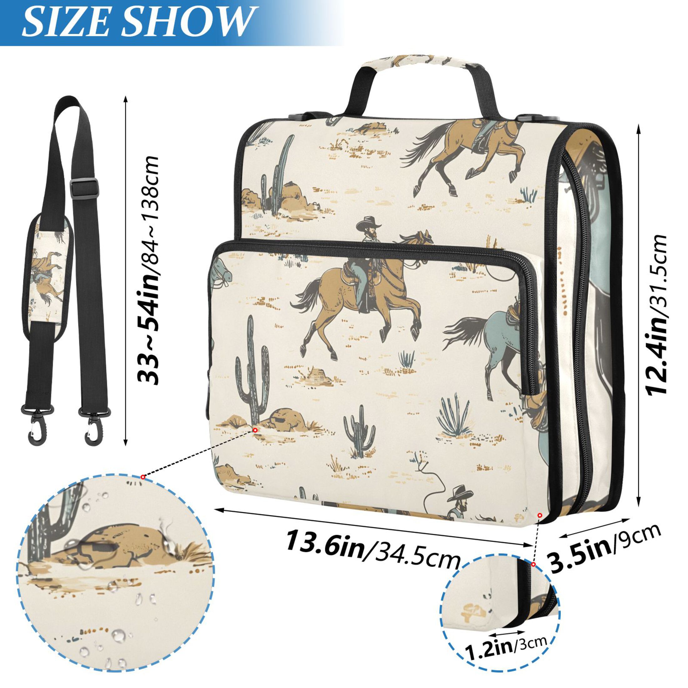 3 Ring Zipper Binder with Shoulder Strap Waterproof Trapper Keeper 2 Inch D-Ring 500 Sheets Capacity Cactus Cowboy Horse