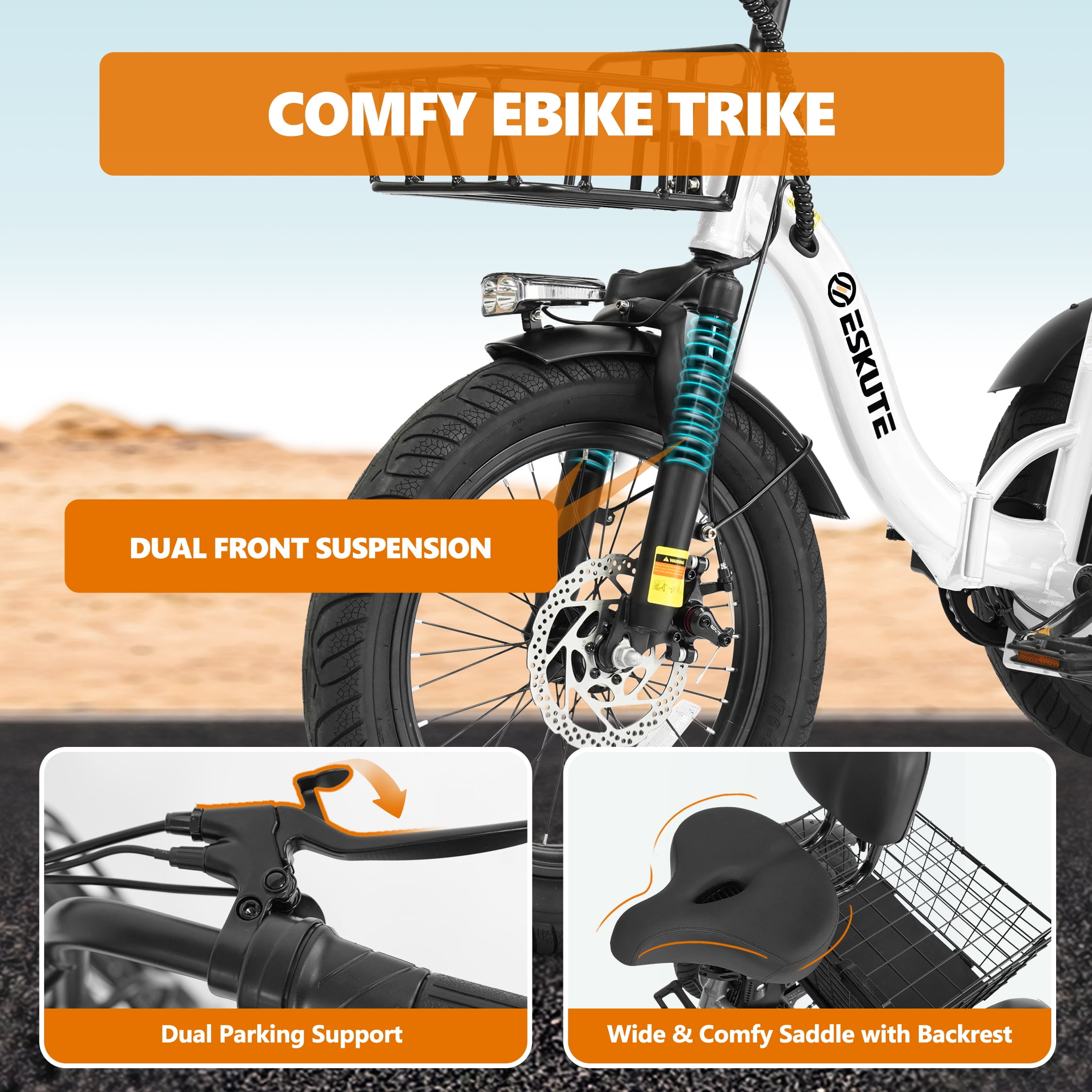 ESKUTE White E Trike Electric Bike, Peak 1200W Brushless Motor Folding Trike 18X3.0 Fat Tire Ebike, 499Wh Removable Battery, Step-Thru 3 Wheel Electric Bicycle, 48V 13AH 18MPH+ Tricycle for Adults