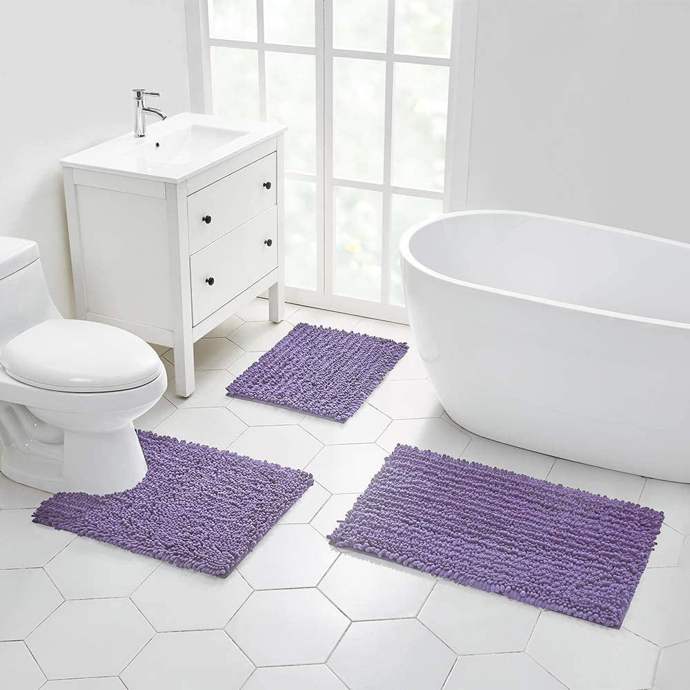 Walensee Non-Slip Bathroom Rugs Chenille Soft Striped Plush Bath