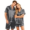 thumbnail image 2 of Couples Pajamas Matching Sets 2 Piece Lounge Set Silk Satin Pajamas Matching Button Down Tops and Shorts Soft Sleepwear S-Xxxxl（Women）, 2 of 8
